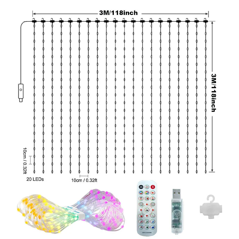 FanzyMarket 400 LED RGBIC smart curtain fairy lights, 2x2m, with remote, app control, music mode for holiday and window decor.