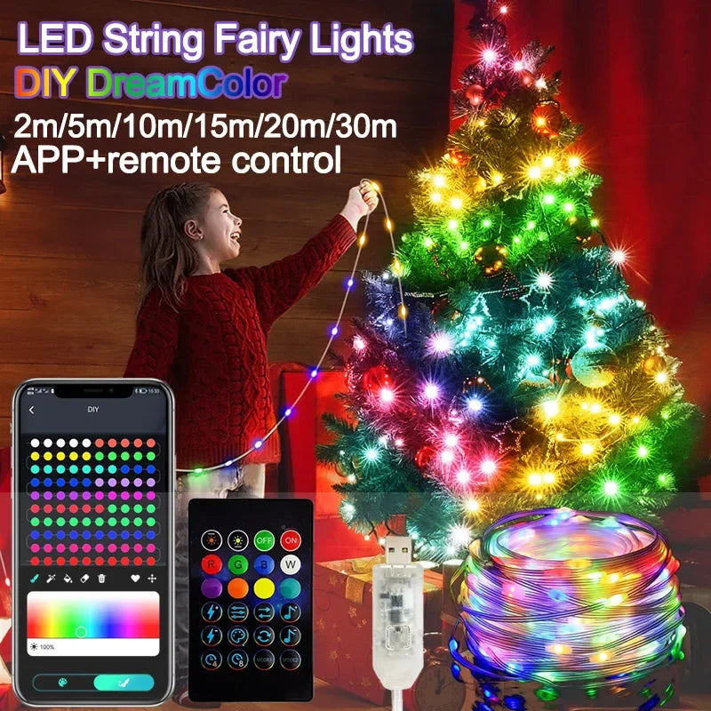 FanzyMarket RGBIC Bluetooth LED string lights, waterproof fairy strip, 15m length, perfect for party decor, curtains, and room lighting.