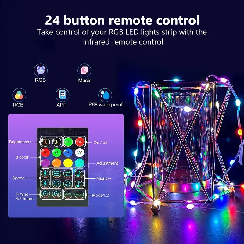 FanzyMarket RGBIC Bluetooth LED string lights, waterproof fairy strip with multicolor lighting, perfect for parties, curtains, and rooms.