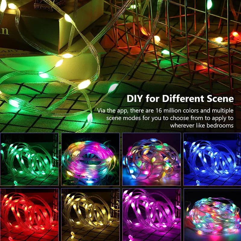 FanzyMarket RGBIC Bluetooth waterproof LED fairy string lights, 15m, multi-color, ideal for party decor, curtains, and rooms.