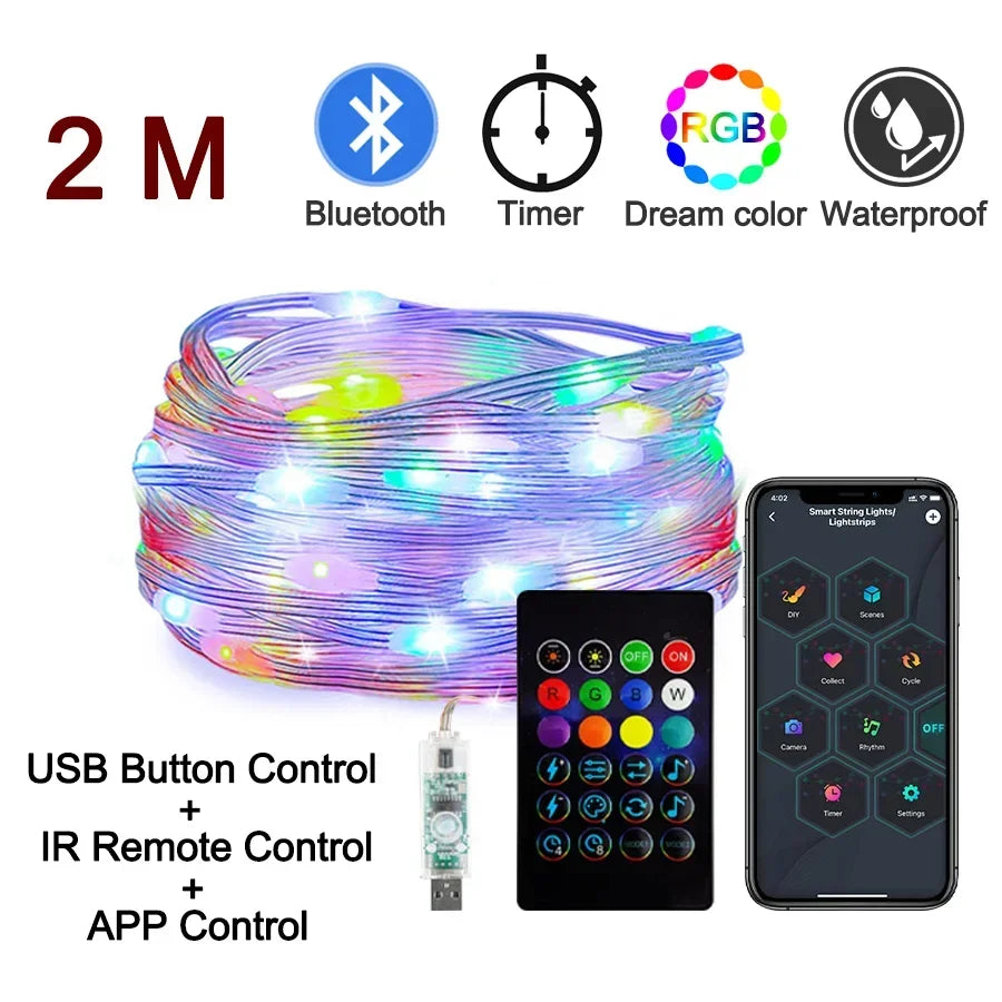 FanzyMarket RGBIC Bluetooth LED string lights, waterproof fairy strip, multicolor lighting, 15m length for party and room decor