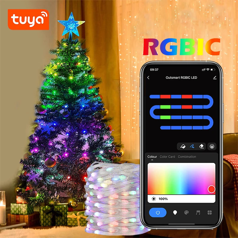 USB RGBIC addressable LED fairy string lights with individually programmable RGB LEDs and WiFi control.
