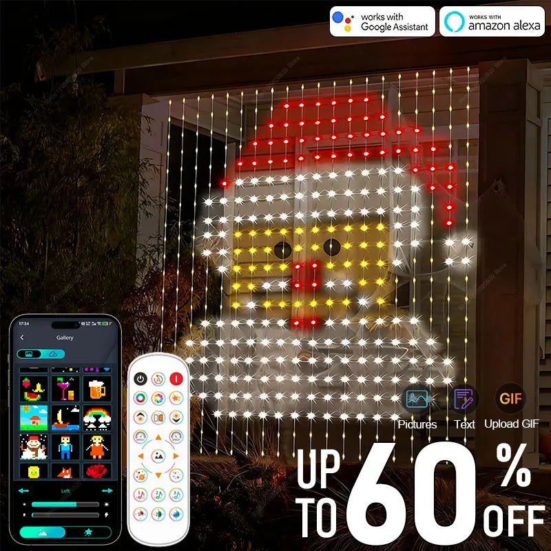RGB LED Curtain Fairy Lights by FanzyMarket, USB-powered with app control, music sync, DIY patterns, and programmable text.