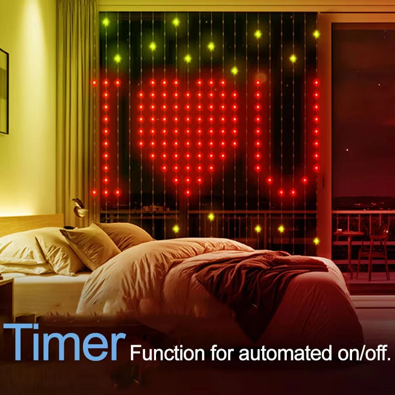RGB LED curtain fairy lights from FanzyMarket with USB app control, music sync, DIY patterns, and programmable text in various sizes.