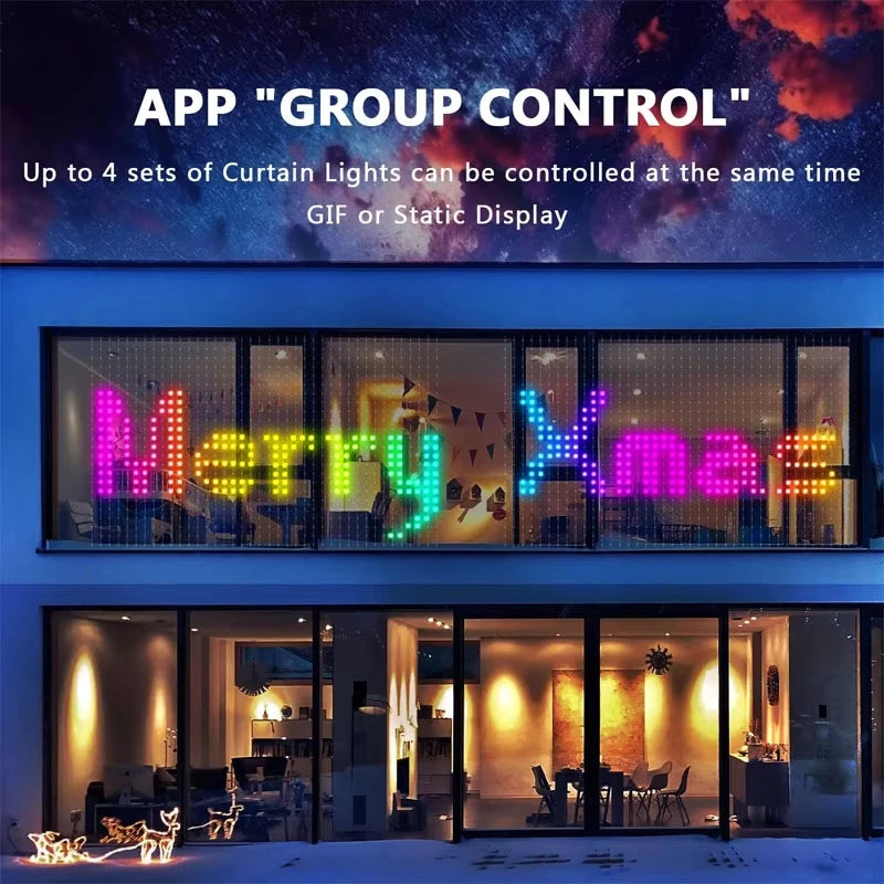 FanzyMarket RGB LED curtain fairy lights with USB app, remote, music sync, DIY patterns, and programmable text in 1x1m size.