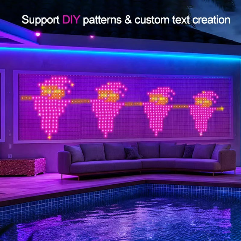 FanzyMarket RGB LED curtain fairy lights with USB, app and remote control, music sync, DIY patterns, and programmable text.