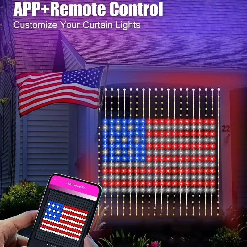 RGB LED curtain fairy lights from FanzyMarket with USB app control, music sync, DIY patterns, and programmable text, available in multiple sizes.