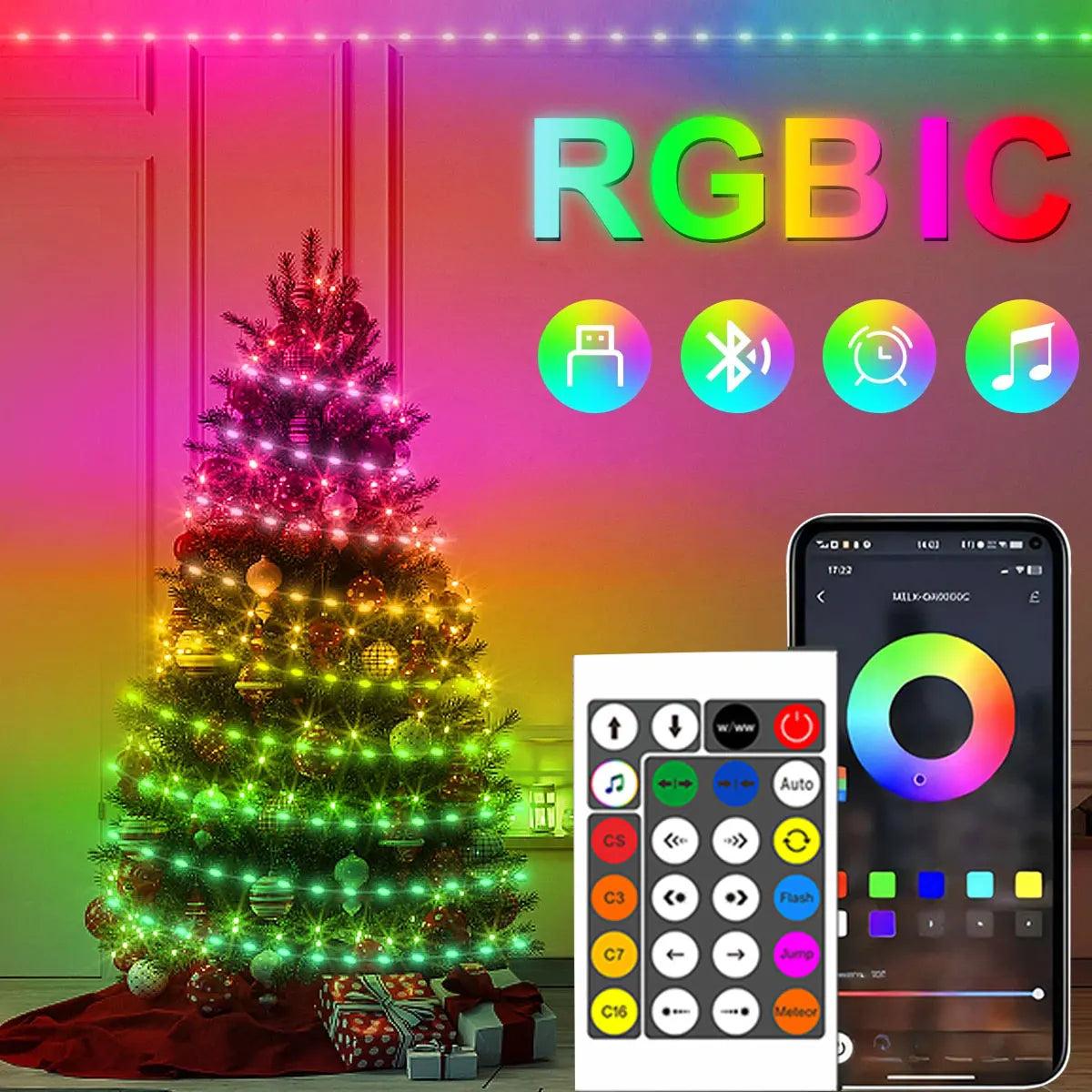 FanzyMarket 20m USB RGBIC LED string lights with remote and Bluetooth, waterproof fairy lights for party and Christmas decor.