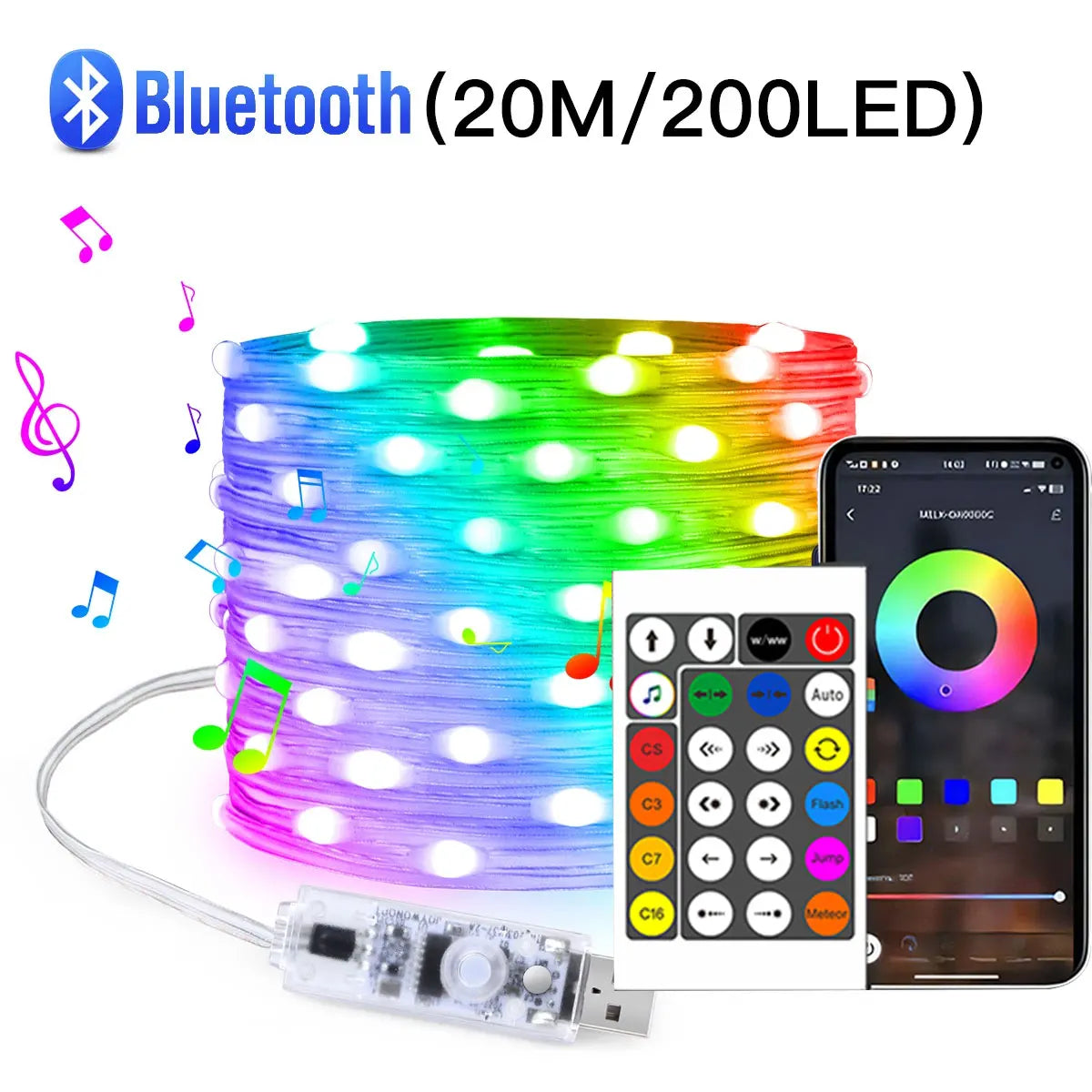FanzyMarket 20M USB RGBIC LED fairy string lights with remote and Bluetooth, waterproof 5V party and Christmas decor lighting.