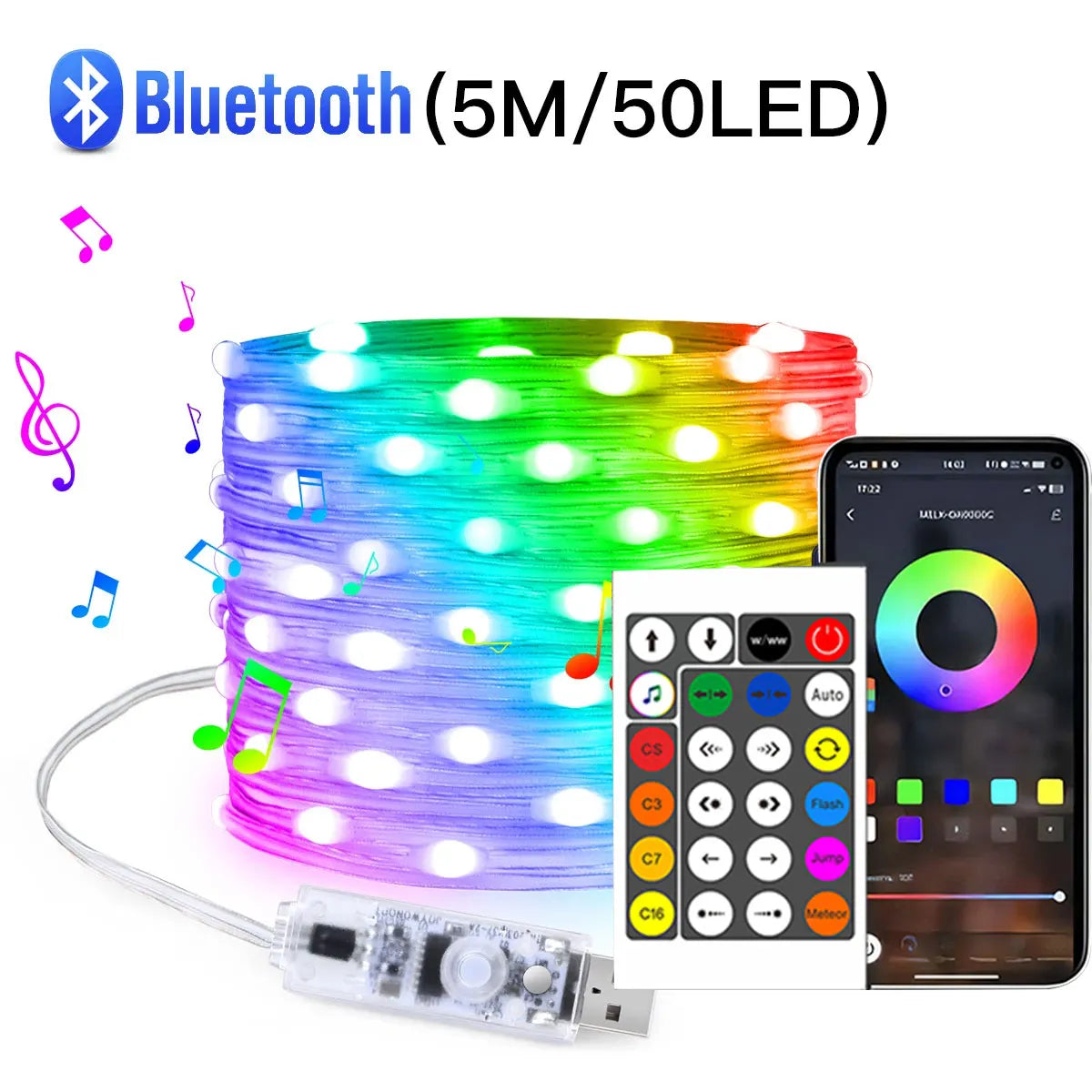 FanzyMarket 20m USB RGBIC LED string lights with remote, Bluetooth app, waterproof fairy lights for party and Christmas decor.