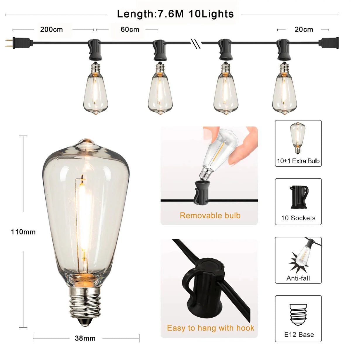 FanzyMarket waterproof LED string lights with shatterproof water-drop bulbs, 20m length, dimmable patio and garden garland.
