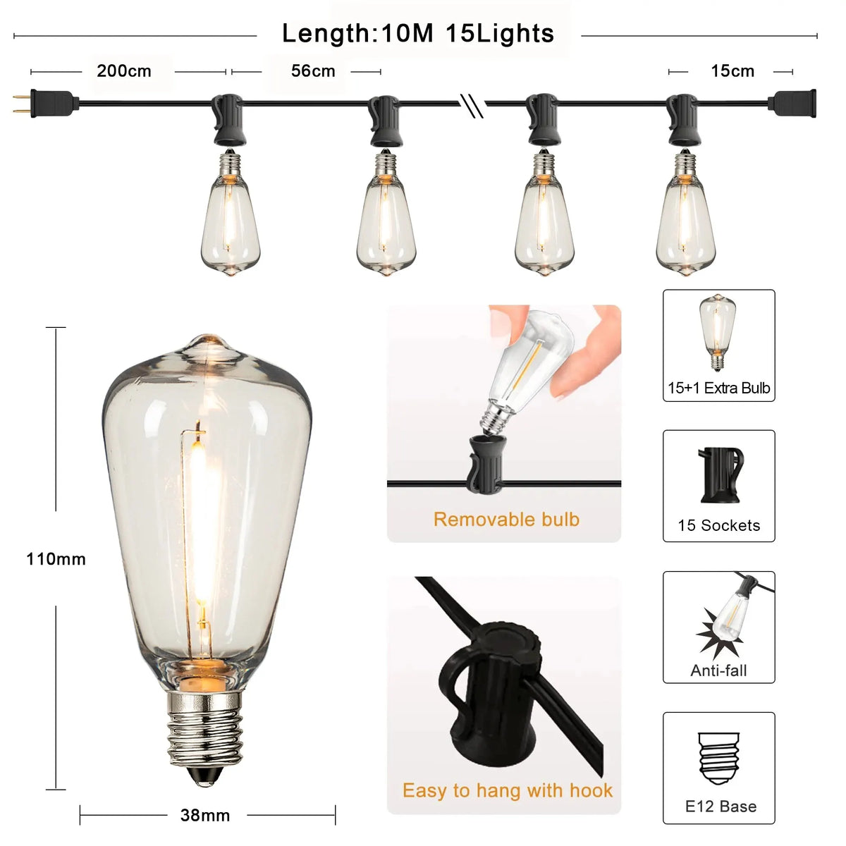 FanzyMarket waterproof LED string lights with shatterproof water-drop bulbs, 20m length, dimmable, perfect for patio and garden decor.