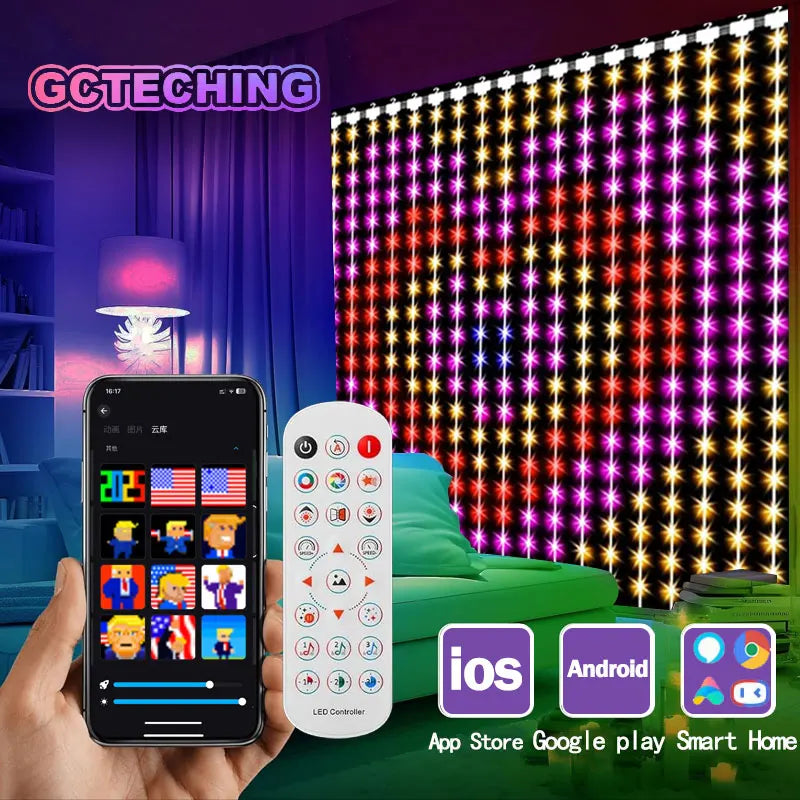 FanzyMarket 400 LED smart curtain fairy lights, RGB color, waterproof IP65, app and remote control, music sync, 3x3m size.