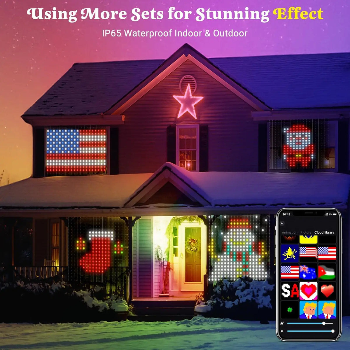 FanzyMarket 400 LED smart curtain fairy lights with RGB colors, remote control, music sync, waterproof IP65, suitable for 3x3 meter space.
