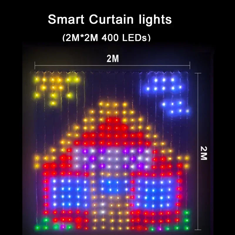FanzyMarket 400 LED smart curtain fairy lights with app control, remote, music sync, RGB colors, waterproof, ideal for decorating windows.