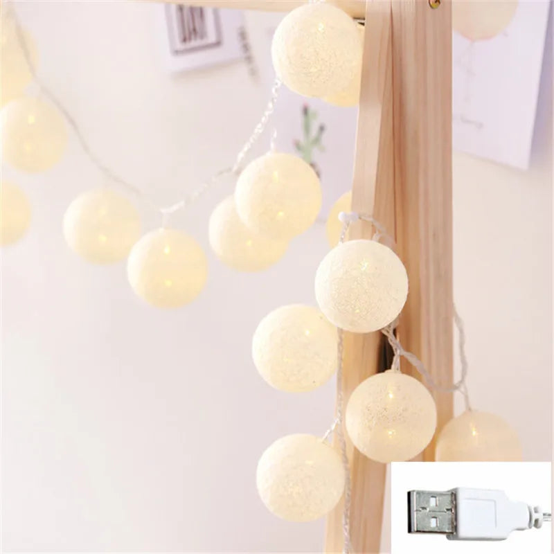 FanzyMarket cotton ball string lights with 10/20/30 LEDs, USB and battery-powered, ideal for home, wedding, party, or Christmas decor.