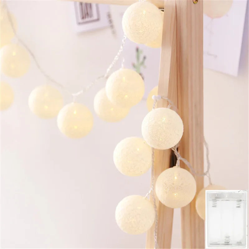 FanzyMarket cotton ball string lights with 10, 20, or 30 LEDs, USB or battery-powered, ideal for home, wedding, or holiday decor.
