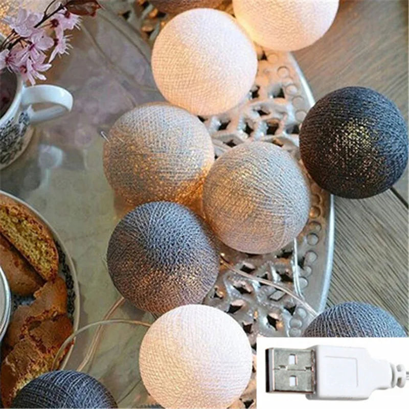FanzyMarket cotton ball string lights with 10/20/30 LEDs, USB and battery-powered fairy lights for home, wedding, and party decor.