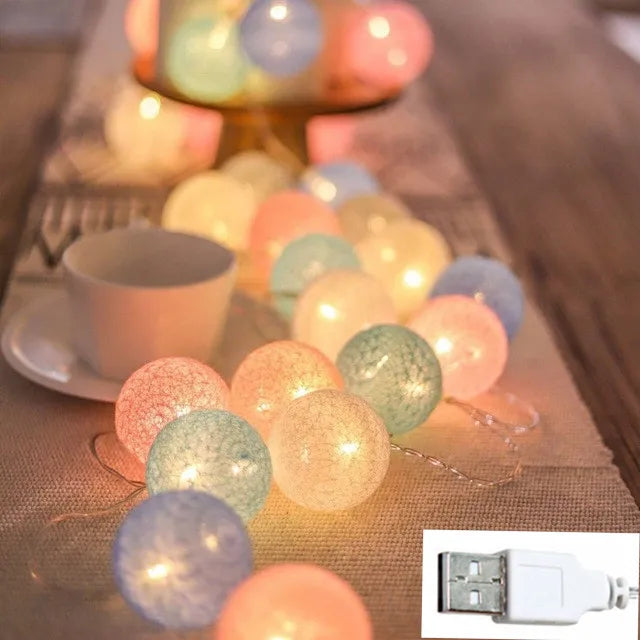 FanzyMarket cotton ball string lights with 10, 20, or 30 LEDs, USB or battery-powered, ideal for home, wedding, or holiday decor