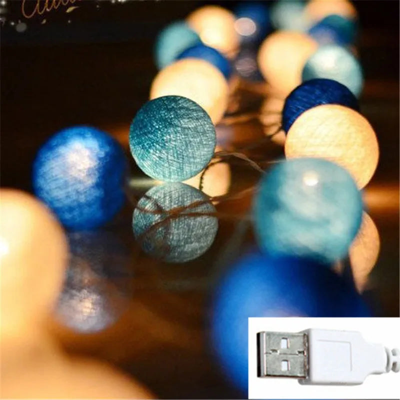 FanzyMarket cotton ball string lights with 10/20/30 LEDs, USB and battery operated, ideal for home, wedding, party, or Christmas decor.