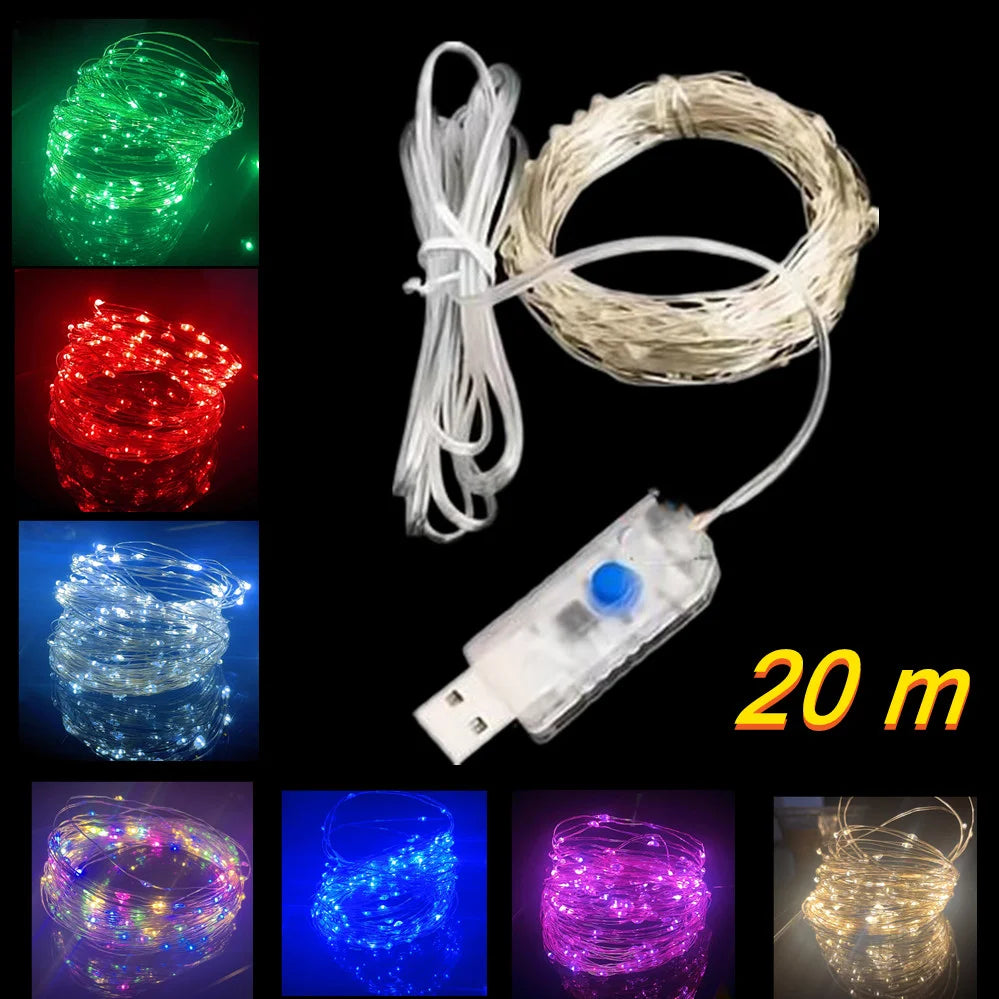 USB powered silver wire fairy lights with warm white multicolor LEDs, waterproof and flexible for various occasions.