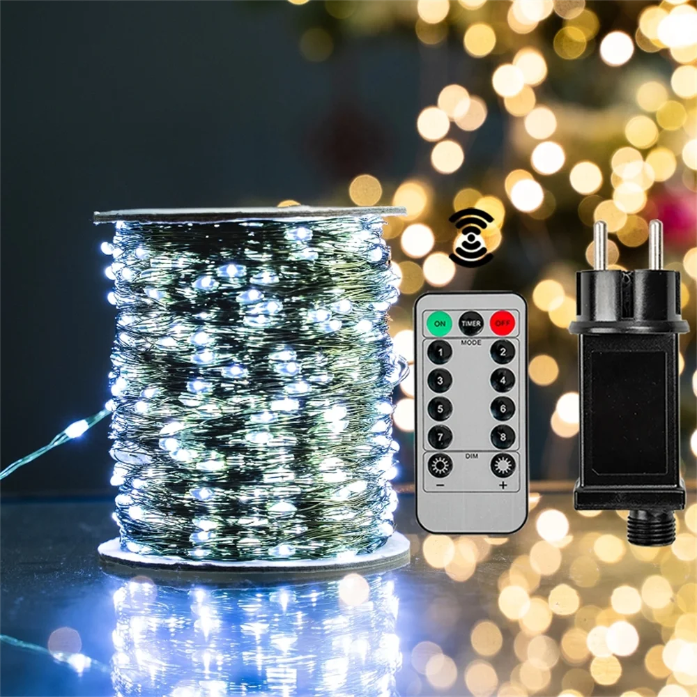 FanzyMarket 1000 LED fairy string lights in warm white and multicolor, waterproof outdoor decor with remote control, 50m or 100m length.