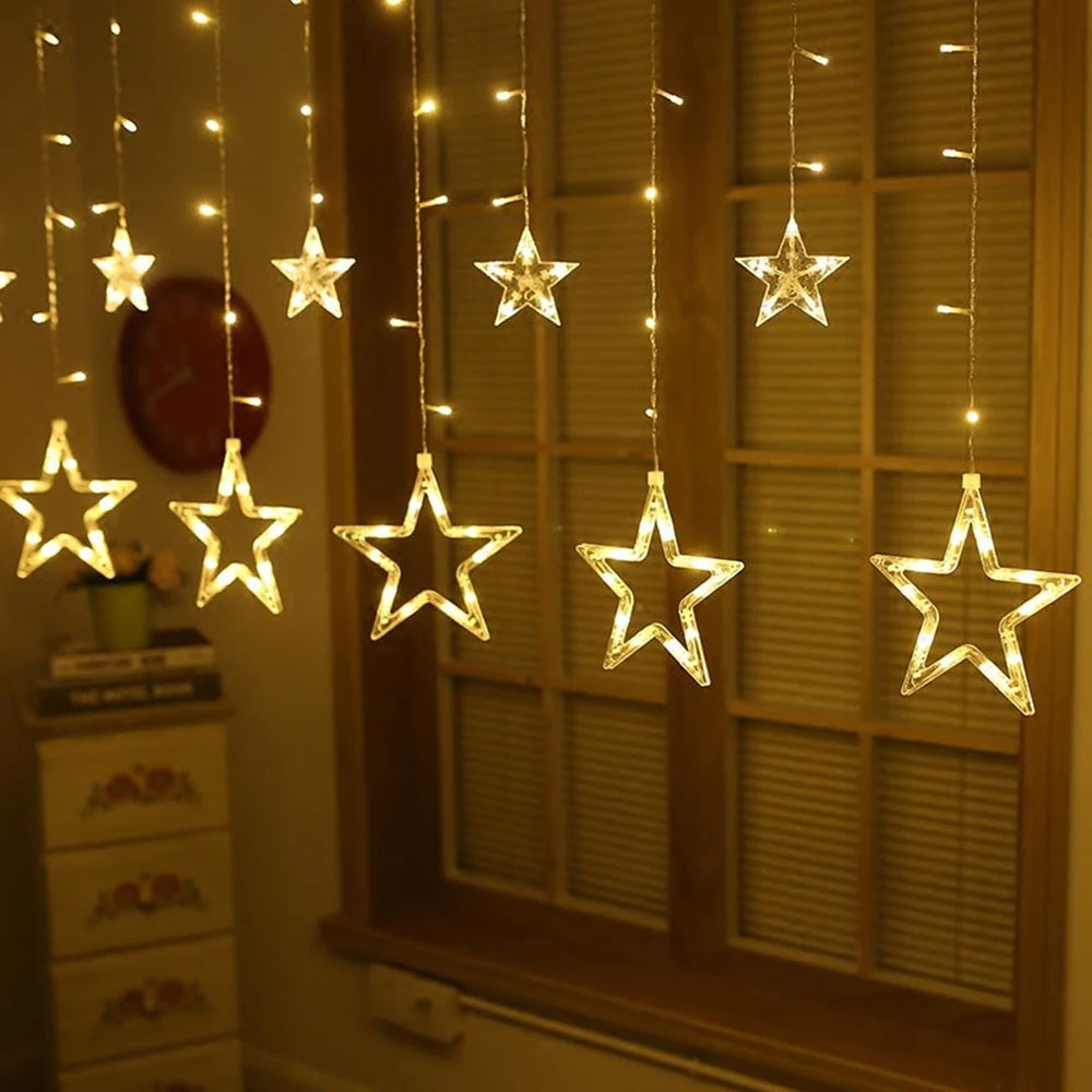 FanzyMarket 3.5m star curtain LED fairy string lights with 138 multicolor LEDs, ideal for Christmas, home, bedroom, window, outdoor parties.