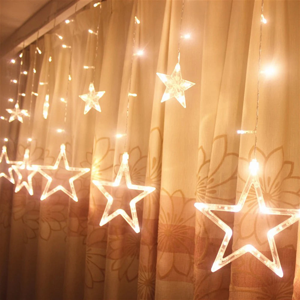 FanzyMarket 3.5m star curtain LED fairy string lights with 138 multicolor LEDs for Christmas, home, bedroom, window, outdoor, or party decor.