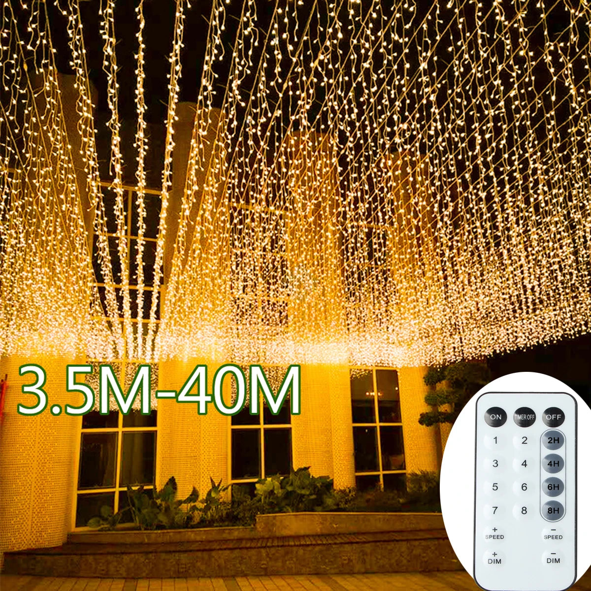 FanzyMarket waterproof LED string lights in warm white, cold white, and multicolor with remote, 40m length, IP65 EU plug, showing illuminated bulbs.