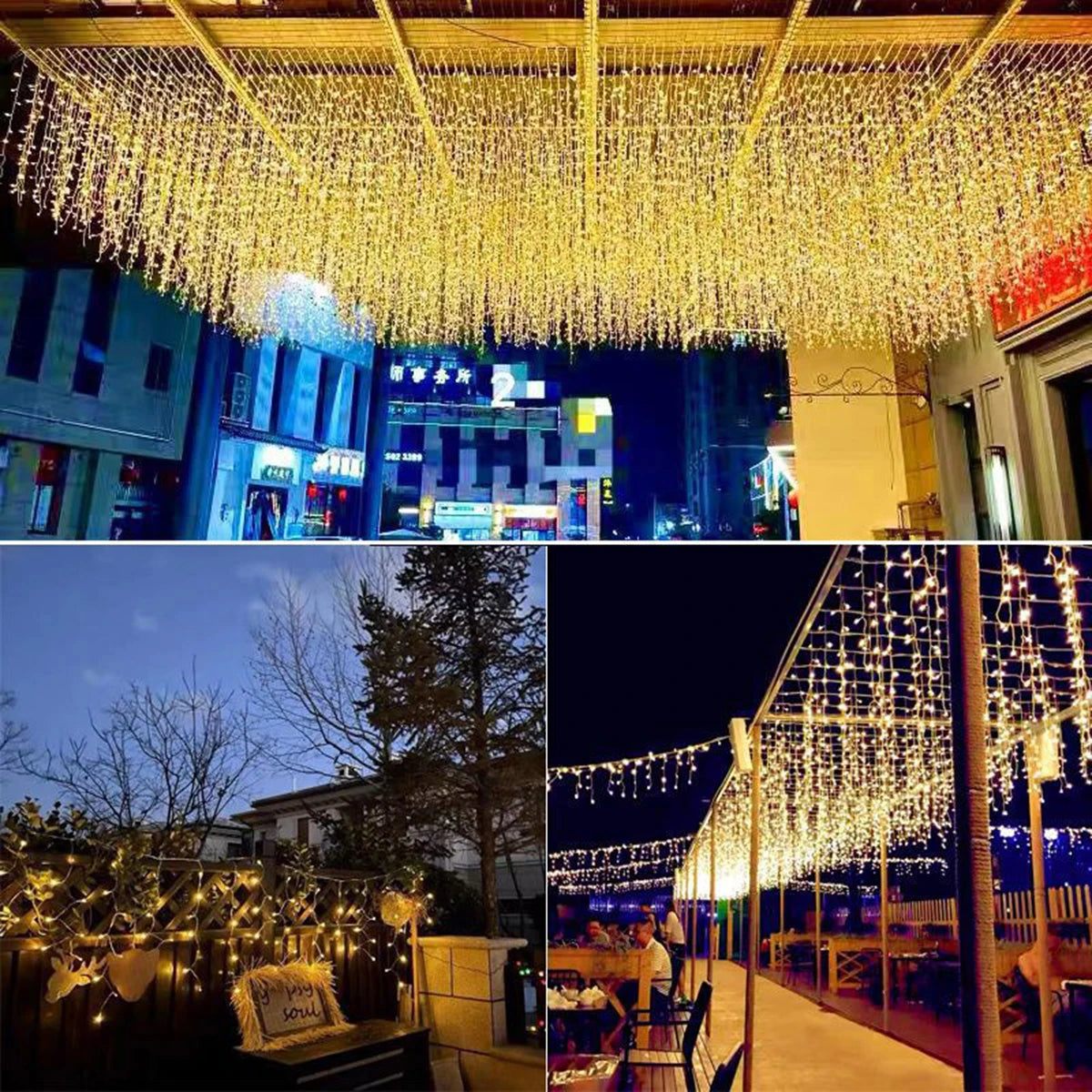 FanzyMarket waterproof LED string lights in warm white, cold white, and multicolor with remote, 40m length, IP65 EU plug, 8 lighting modes.