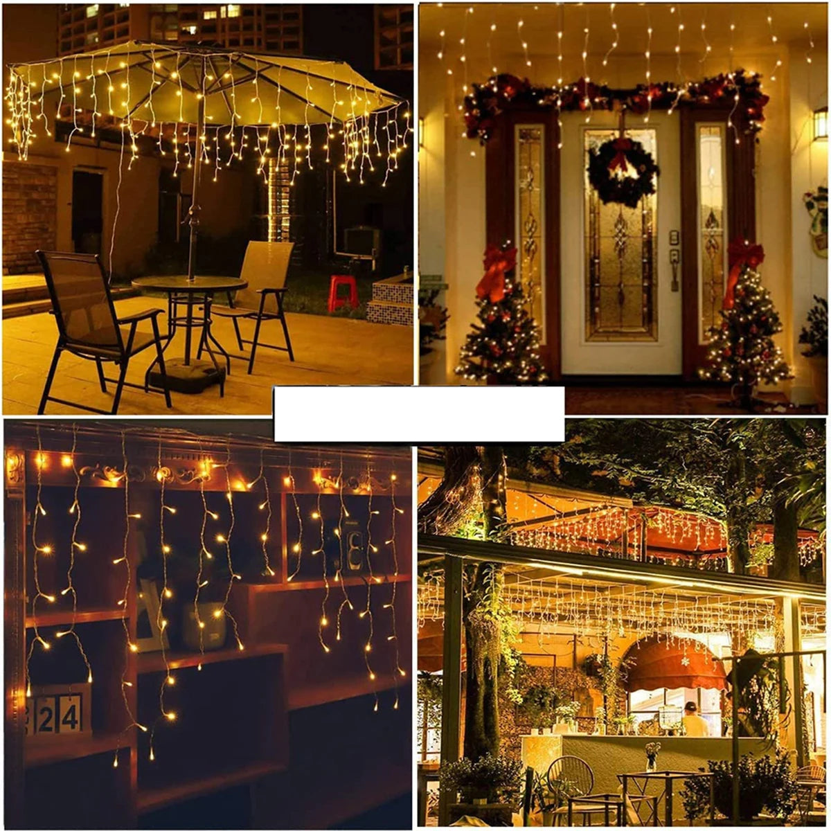 Waterproof LED string lights in warm white, cold white, and multicolor, with remote control and IP65 EU plug, perfect for outdoor decor.