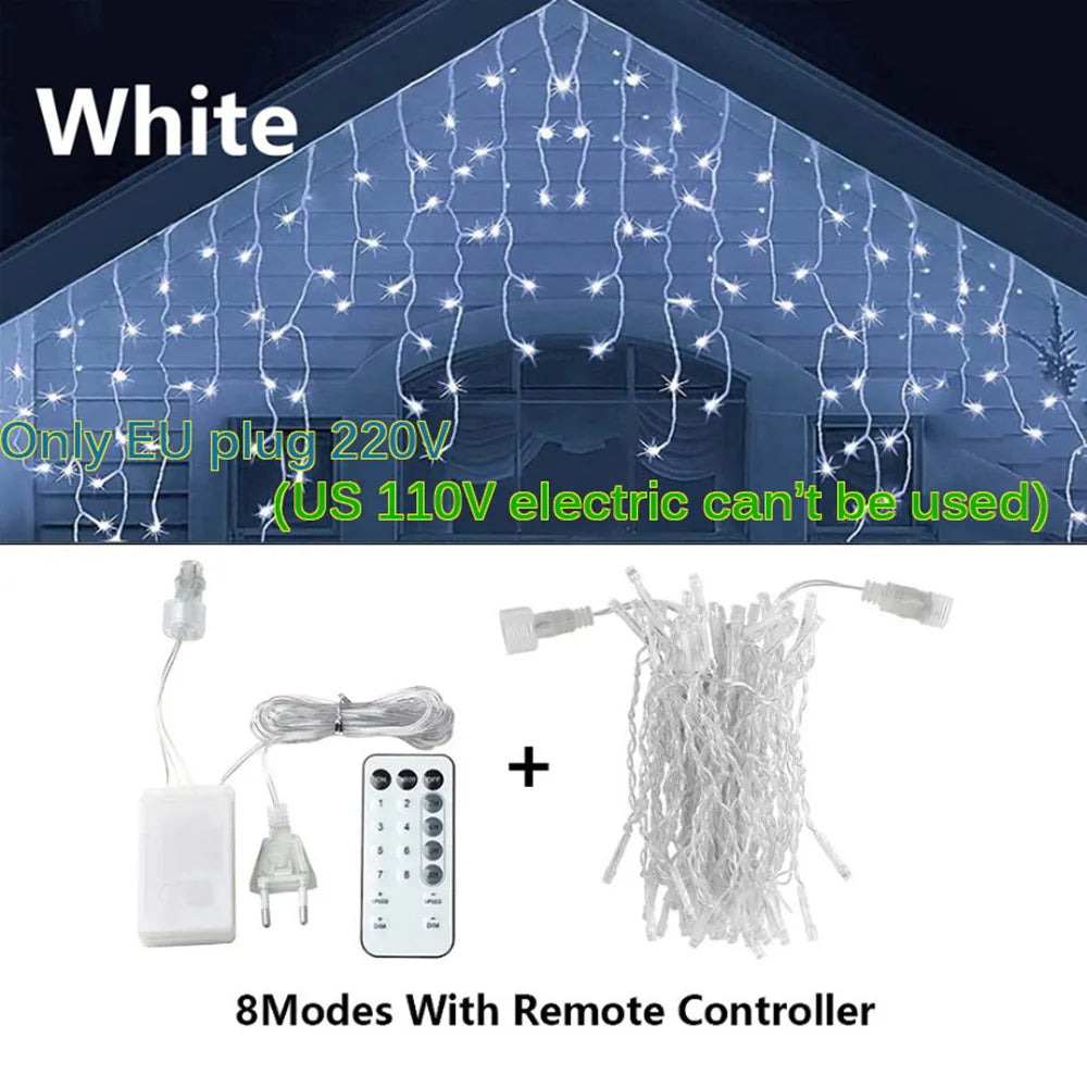 FanzyMarket waterproof LED string lights in warm white, cold white, and multicolor with remote, 3.5–25m length, IP65 EU plug, 8 lighting modes.