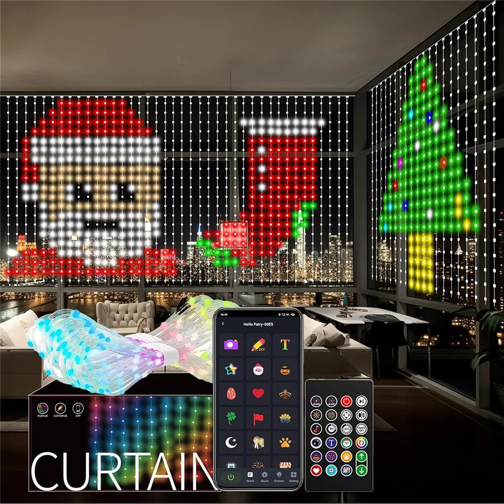 FanzyMarket RGB smart curtain lights with 400-800 LEDs, app control, remote, and music sync for party, wedding, and Valentine’s Day decor.