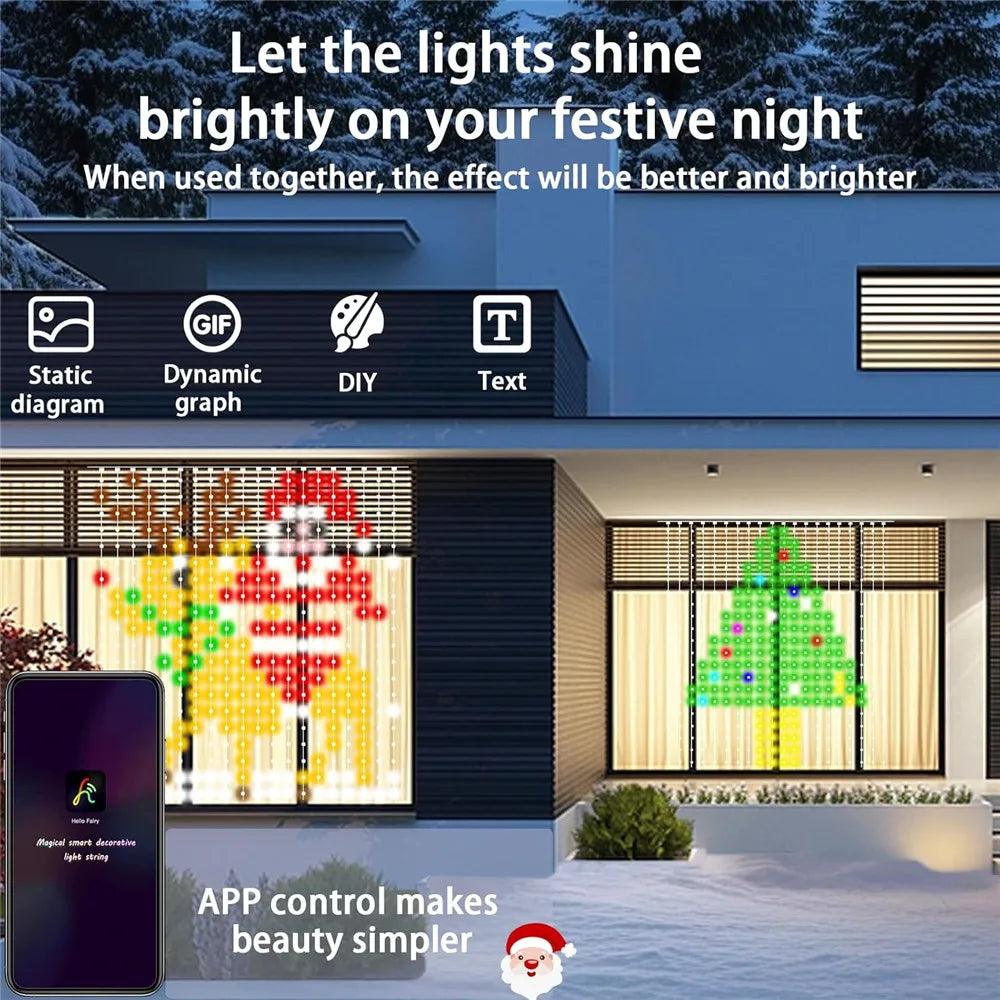 FanzyMarket RGB smart curtain lights with 400-800 LEDs, app control, remote, and music sync, perfect for party and wedding decor.