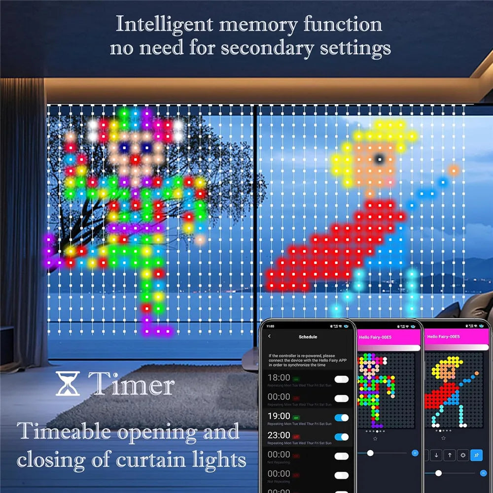 FanzyMarket RGB smart curtain lights with 400-800 LEDs, app control, remote, and music sync for party, wedding, and Valentine’s Day decor.