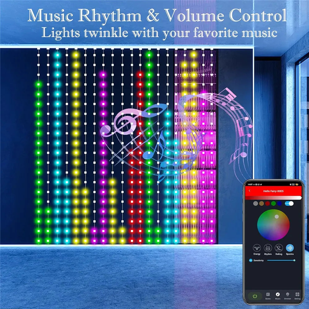 FanzyMarket RGB smart curtain lights with 400-800 LEDs, app control, remote, and music sync for party, wedding, and Valentine’s Day decor.