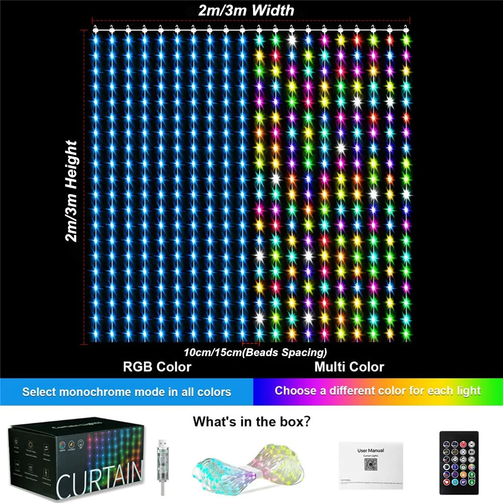 FanzyMarket RGB smart curtain string lights with 400-800 LEDs, app control, remote, and music sync for festive decor and parties.