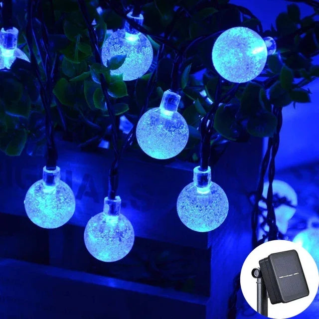 FanzyMarket solar crystal globe LED string lights with 100 warm LEDs, waterproof IP65, ideal for garden, patio, and party decor.