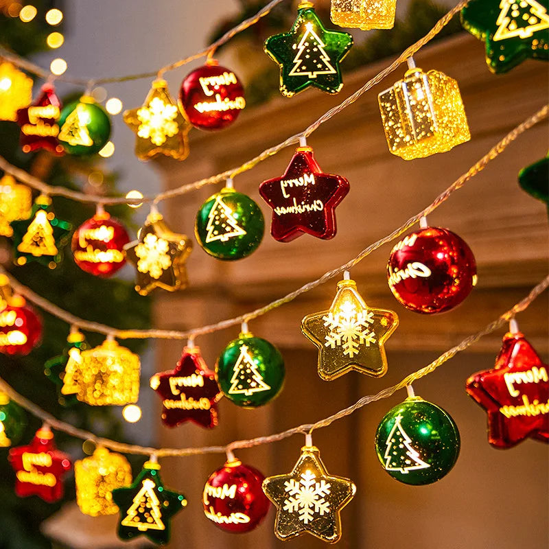 Battery operated Christmas string lights with candy cane, Santa, and snowman ornaments, 1m or 3m length, indoor and outdoor use.