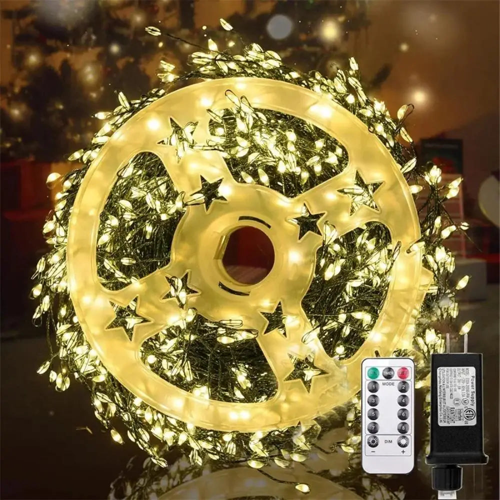 FanzyMarket outdoor copper wire LED string lights, waterproof, remote-controlled, 30m, 50m, or 75m length for Christmas and patio decor.