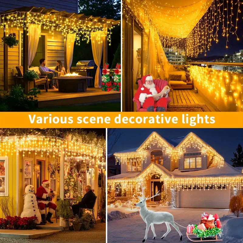 FanzyMarket solar icicle curtain lights with 162 LEDs, 8 modes, waterproof IP65, suitable for outdoor Christmas decoration.