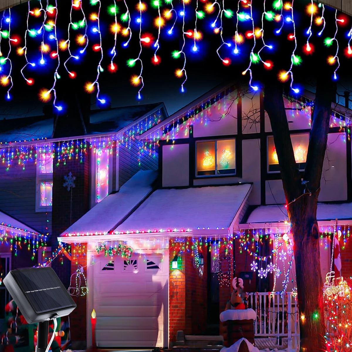 FanzyMarket solar icicle curtain lights with 162 LEDs, warm white, 8 modes, waterproof IP65, 9m outdoor Christmas fairy string lights.