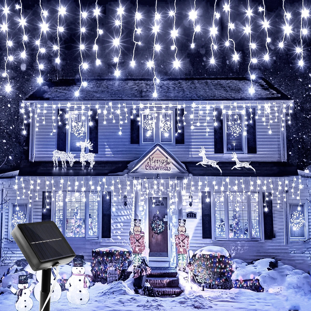 FanzyMarket solar icicle curtain lights with 162/96 warm white LEDs, 8 modes, waterproof IP65, outdoor Christmas fairy string lights.