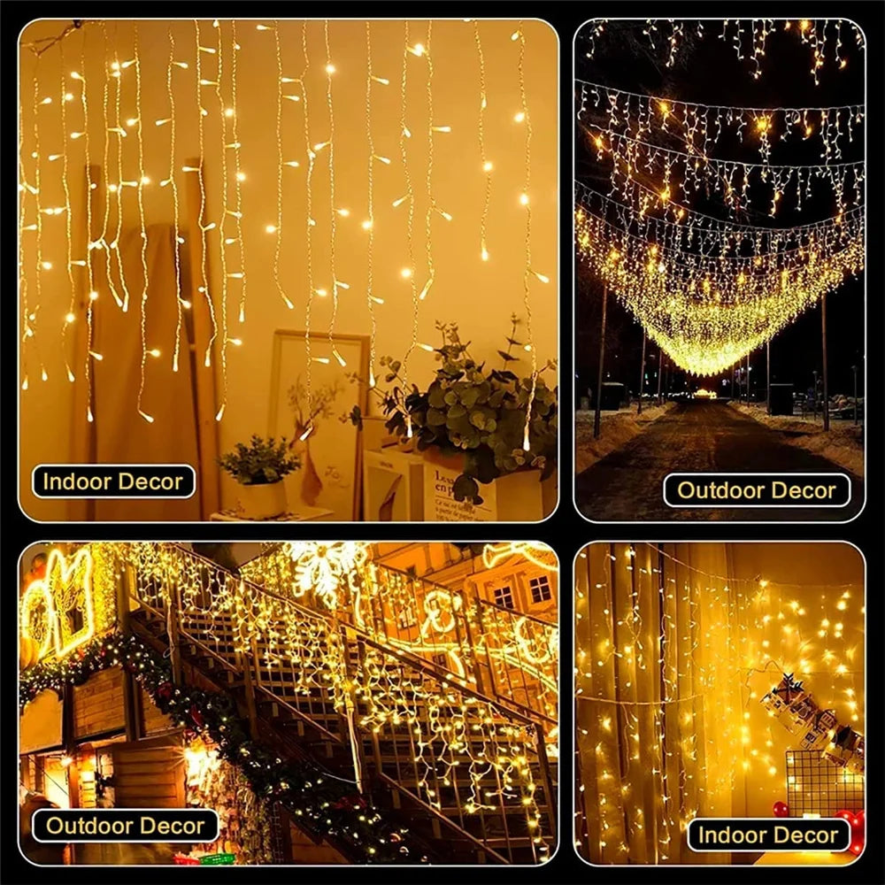FanzyMarket solar curtain icicle fairy string lights, 3.5m white waterproof outdoor decor for wedding and Christmas garden lighting.