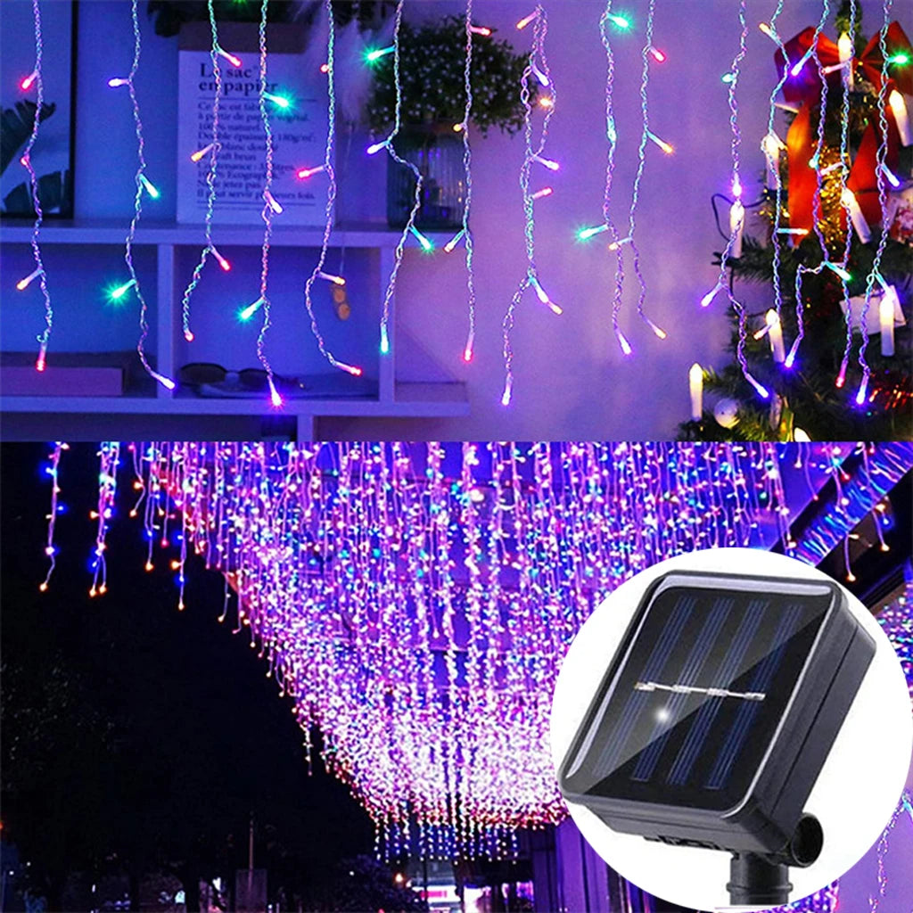 FanzyMarket solar curtain icicle fairy string lights, 3.5m outdoor waterproof decor for wedding and Christmas garden lighting
