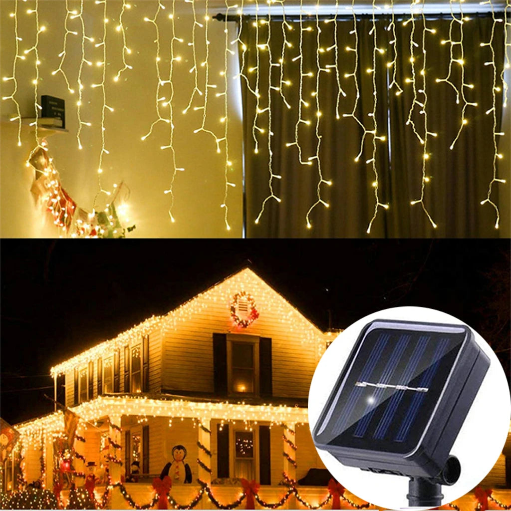 FanzyMarket solar curtain icicle fairy string lights, 3.5m, waterproof outdoor decor for wedding and Christmas garden lighting