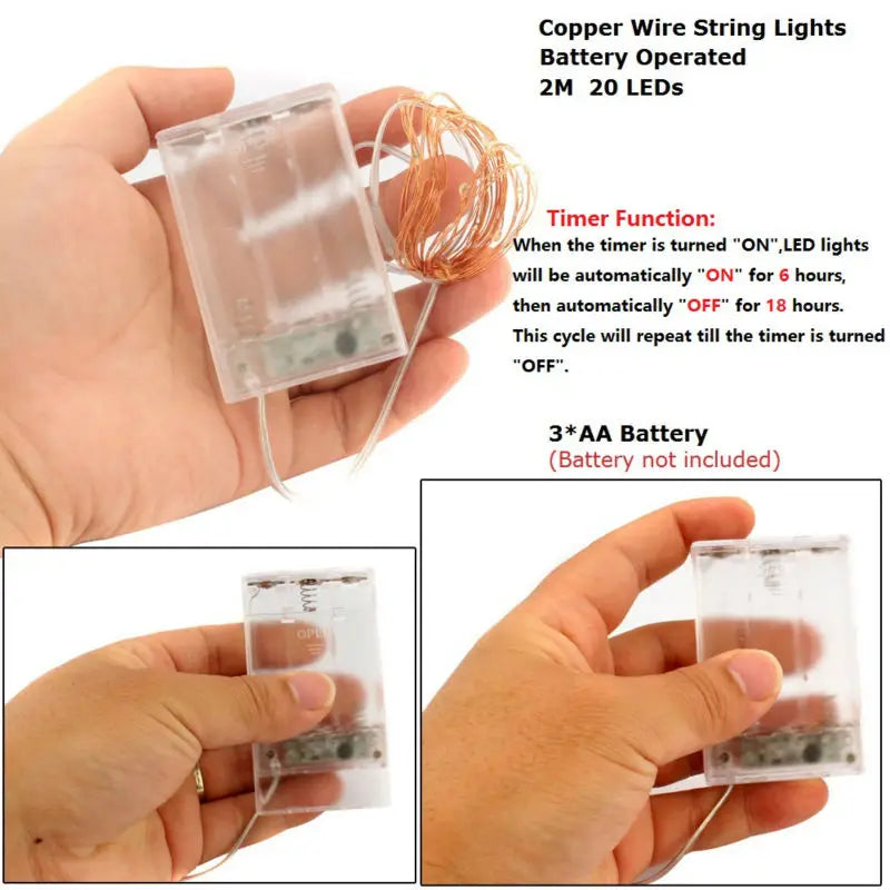 Battery operated 2m copper wire fairy string lights with 20 LEDs, white color, timer function, ideal for wedding, Christmas, and party decor.