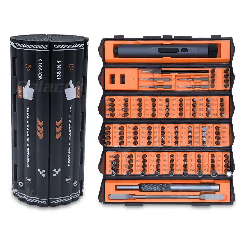 FanzyMarket 138-in-1 mini electric screwdriver set with magnetic bits, portable alloy design for PC and iPhone DIY repairs.