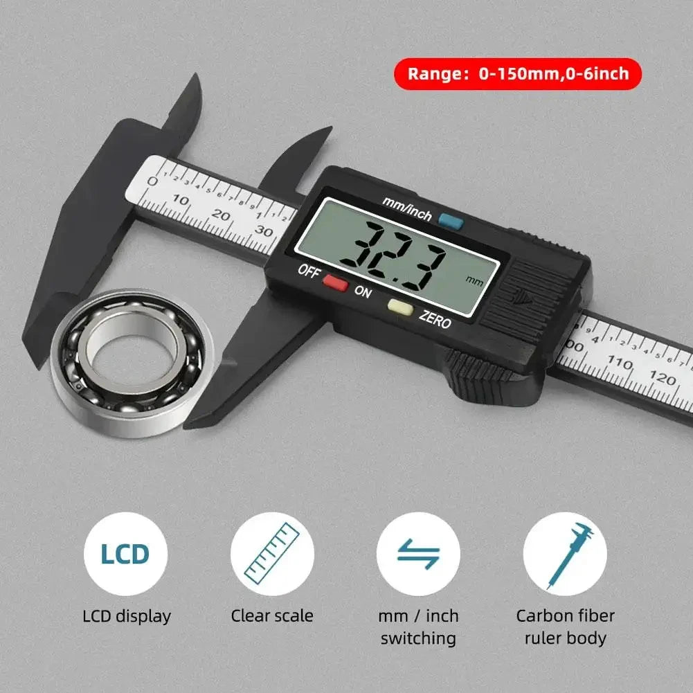 FanzyMarket 0-150mm digital caliper with high-strength plastic body for precise measurements in woodworking, home, and student projects.
