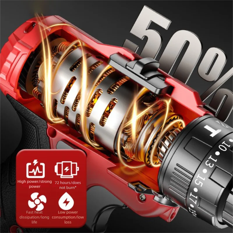 FanzyMarket 21V cordless brushless impact drill and rechargeable electric screwdriver with dual speed, LED light, and tool kit.
